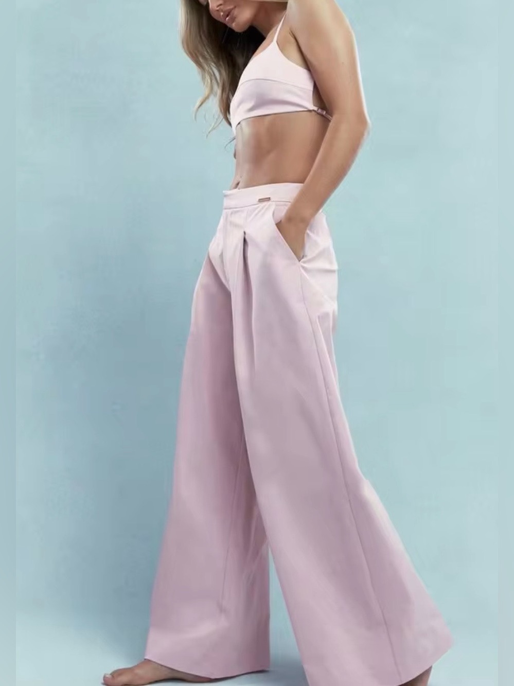 Missguided Pink Strappy Crop Top & Wide Leg Trouser Co-Ord Set Size XS